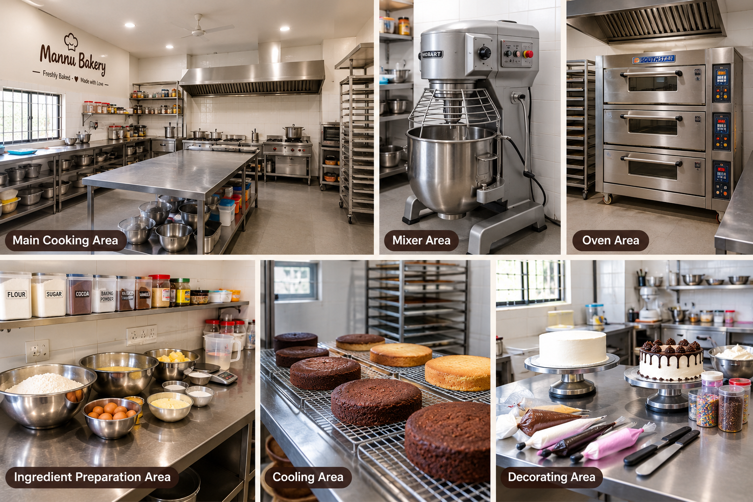 “Professional Mannu Bakery kitchen with stainless steel worktables, commercial cake mixer, baking ovens, ingredient preparation station, cooling racks, and cake decorating area for freshly baked cakes.” | About Our Bakery